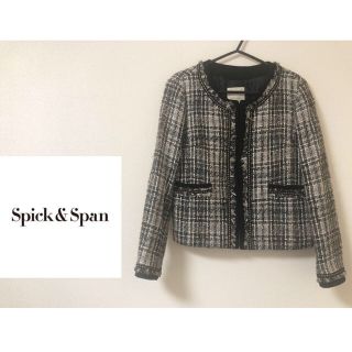 スピックアンドスパン(Spick & Span)のスピックアンドスパン☆ツイードノーカラージャケット 36 ブラック系(ノーカラージャケット)