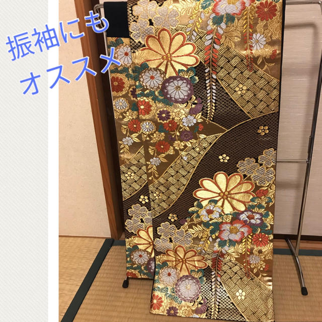 日本未発売】 西陣 - 菊 椿 藤 黒 金色 六通 袋帯 ☆美品振袖にも