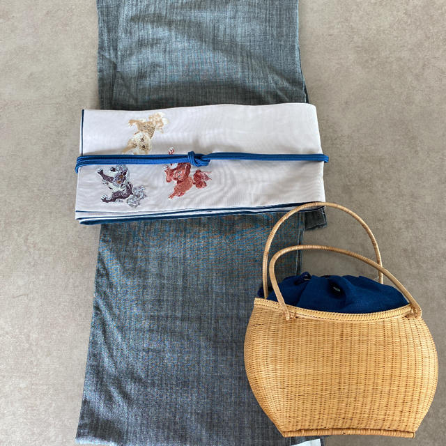 着物屋くるり かごバッグ 竹籠 巾着 濃藍 ネイビー 新品 タグ付き 未使用品