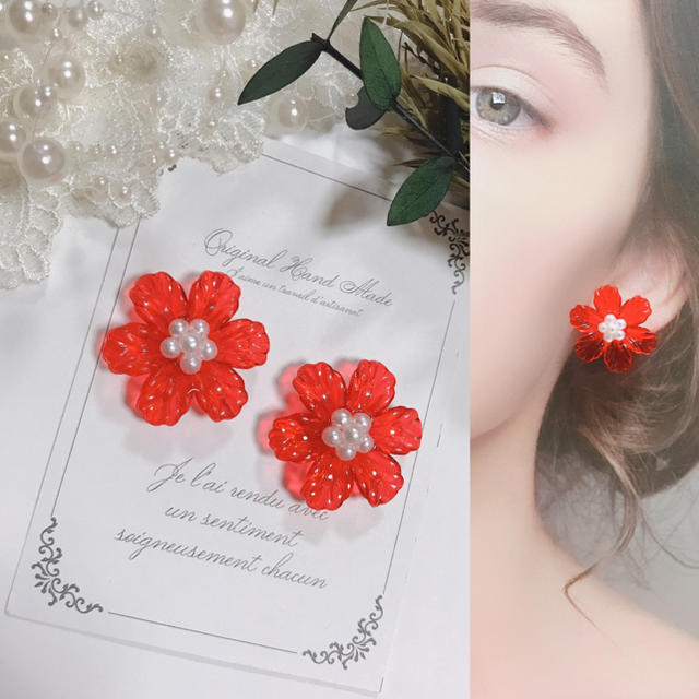 パール Flowerピアス イヤリング(RED)