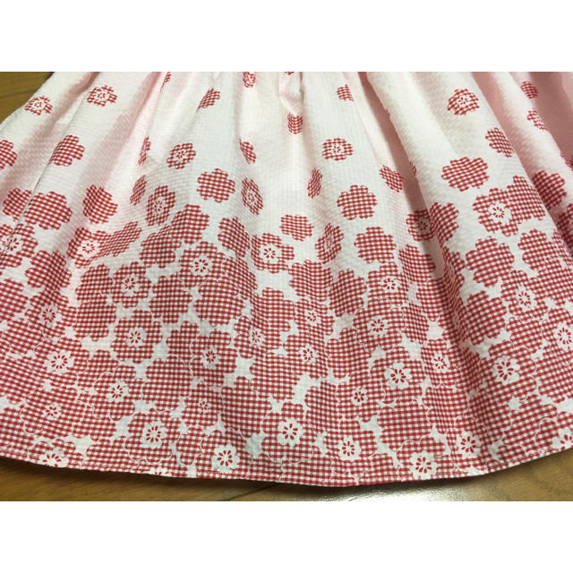 PINK HOUSE(ピンクハウス)のピンクハウスギンガムチェック花柄段々スカート赤ピンクウエストゴムのおまけ付日本製 レディースのスカート(ロングスカート)の商品写真