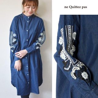 Quittez pas 刺繍デニムシャツワンピース エンブロイダリー