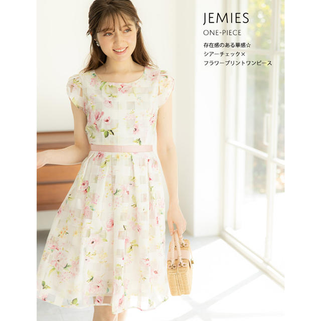 存在感のある華感☆シアーチェック×フラワープリントワンピース【jemies