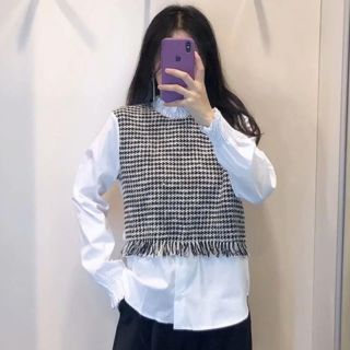 ザラ(ZARA)のチェック柄 切り替え ツイード フリルブラウス フリルシャツ ZARA H&M(シャツ/ブラウス(長袖/七分))