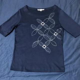 ハナエモリ(HANAE MORI)の美品 ALMA EN ROSE ネイビー フラワー刺繍 ４分袖Tシャツ 38(Tシャツ(半袖/袖なし))