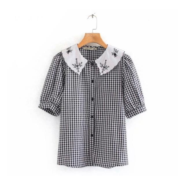 ZARA - 1320☆春新作 襟 刺繍 ギンガムチェック柄 シャツ
