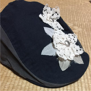 値下げ☆ハンチング レースお花 黒×グレー(ハンチング/ベレー帽)