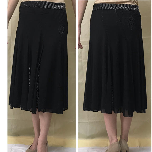 社交ダンス フレアスカート  黒×シルバー ストライプ　セミロング レディースのスカート(ロングスカート)の商品写真
