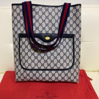 グッチ(Gucci)の美品　GUCCI オールドグッチ シェリーライン ネイビー　トート　バッグ　綺麗(トートバッグ)