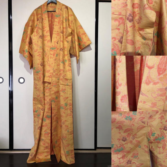 日本製 ハンドメイド アンティーク着物 和服 ジャガードゴブラン 黄色オレンジ