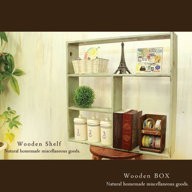 ハンドメイド アンティーク風 シェルフ 木製棚 モスグリーン ハンドメイドのインテリア/家具(家具)の商品写真