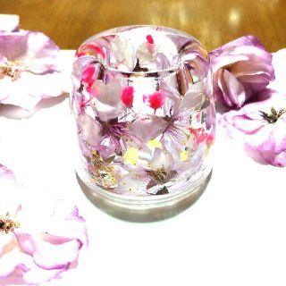 ★SALE★No.66【Ｌサイズ】夜桜風★固まるハーバリウムペン立て•印鑑立て(ドライフラワー)