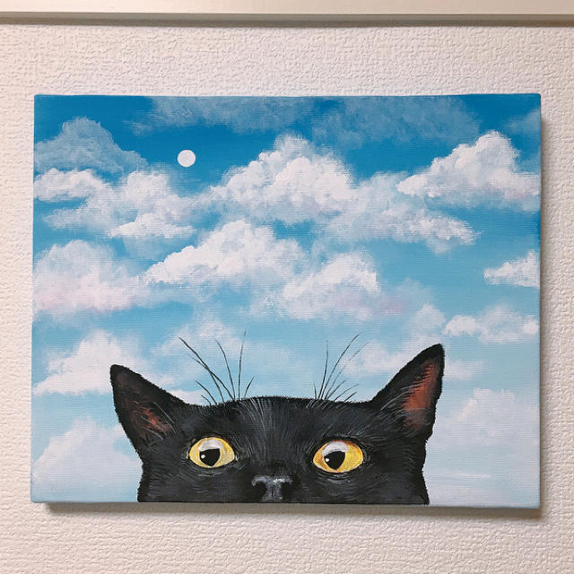 思い出す】黒猫 肉筆で書いた 絵画 アクリル画 キャンバスF3 『原画