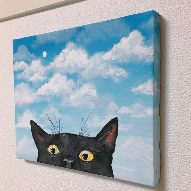 思い出す】黒猫 肉筆で書いた 絵画 アクリル画 キャンバスF3 『原画