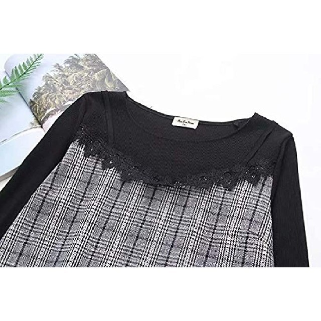4L 新品 長袖重ね着風ワンピース 黒+灰 大きいサイズ レディース ミニ丈 春 レディースのワンピース(ミニワンピース)の商品写真