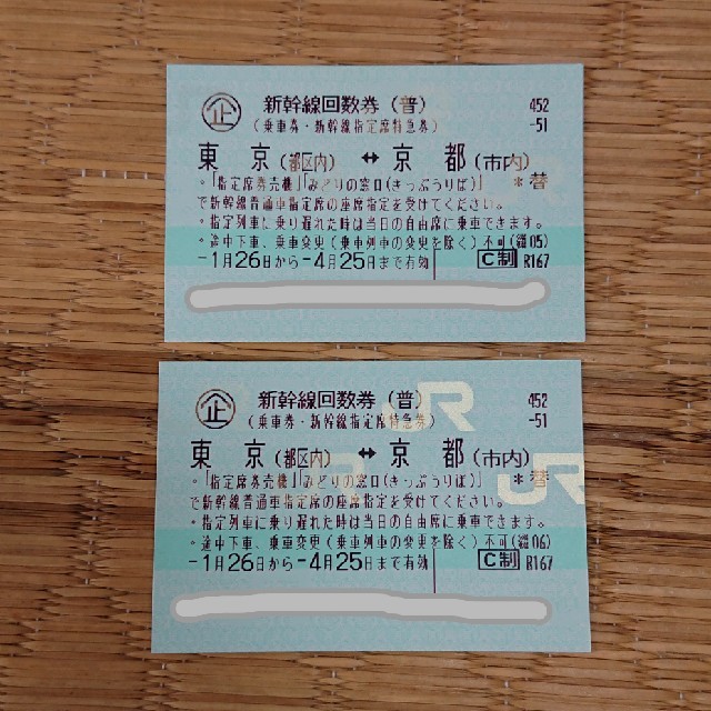 【2枚】新幹線 東京(都区内)-京都(市内)普通車指定席券