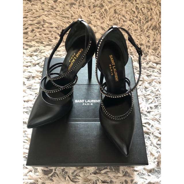 サンローランパリ SAINT LAURENT PARIS グリッター 438805 リボンモチーフ サンダル ヒール パンプス グリッターキャンバス ブラック ブラック 未使用