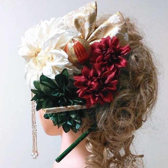 髪飾りViVi ～簪3本・白×緑×赤ダリア～ 成人式 卒業式 結婚式 花魁 簪 2