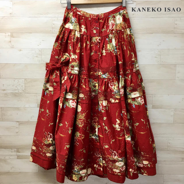 【KANEKO ISAO】ロングスカート(F) リボン　ティアード　花柄　赤
