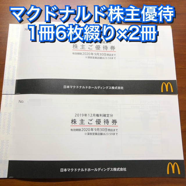 マクドナルド 株主優待 2冊(1冊にバーガー、サイド、ドリンク3種類各6