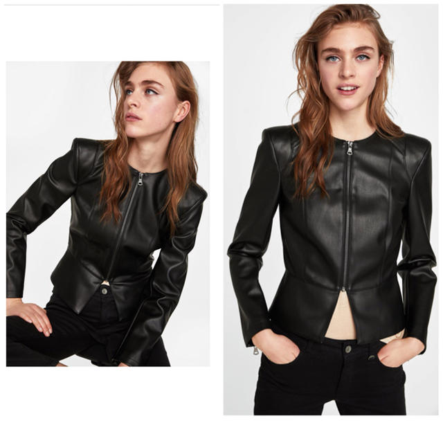 ZARA(ザラ)のZARAノーカラーペプラムレザーライダースジャケットM黒フレア新品未使用ブラック レディースのジャケット/アウター(ライダースジャケット)の商品写真