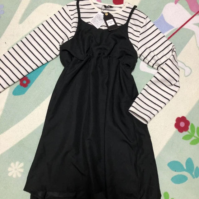 新品 ボーダー ワンピース 女の子 女児 ロンT 長袖 150 黒 裏起毛  キッズ/ベビー/マタニティのキッズ服女の子用(90cm~)(ワンピース)の商品写真