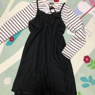 新品 ボーダー ワンピース 女の子 女児 ロンT 長袖 150 黒 裏起毛 (ワンピース)