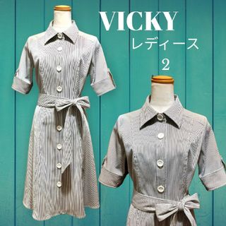 ビッキー(VICKY)のVICKY ビッキー ストライプ リボンベルト付き 半袖 ワンピース ドレス(ひざ丈ワンピース)