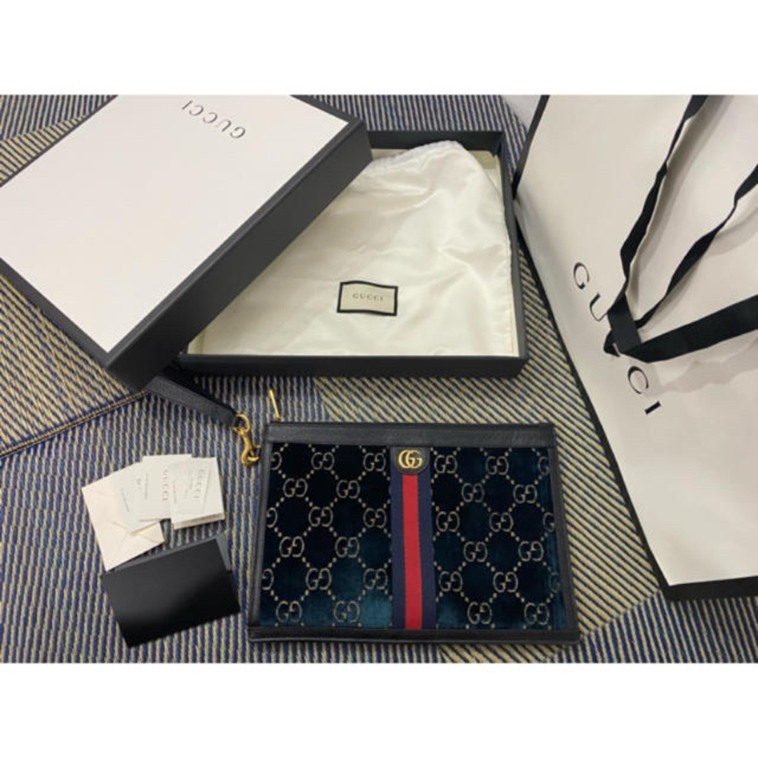 Gucci(グッチ)のGUCCI クラッチバッグ　ブルー ベルベット GG ポーチ メンズのバッグ(セカンドバッグ/クラッチバッグ)の商品写真