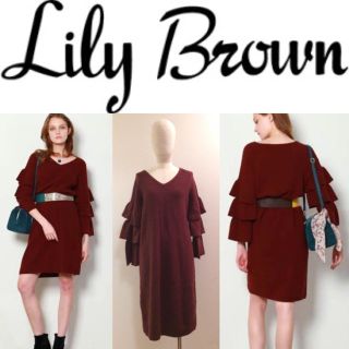 リリーブラウン(Lily Brown)の【Lily Brown】♡Vネック 袖フリル ニットワンピース+.＊(ひざ丈ワンピース)