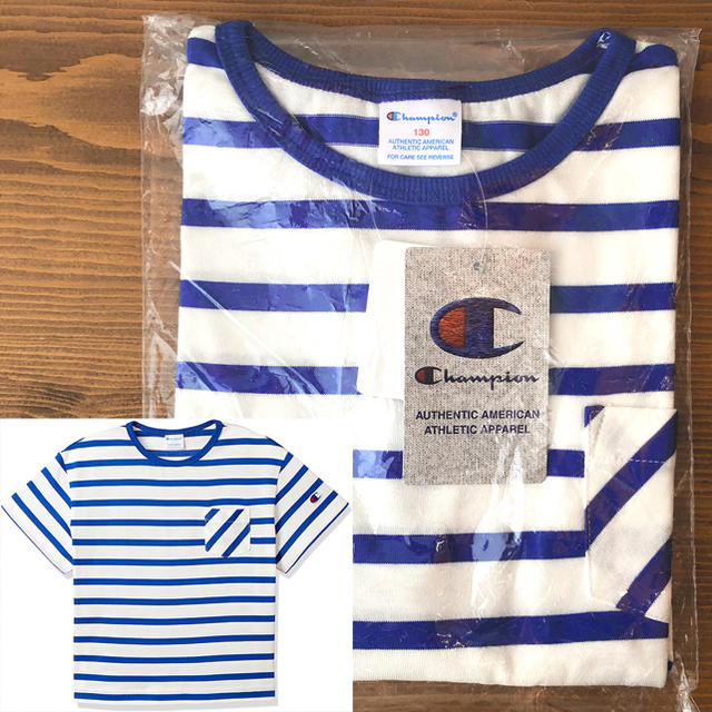 Champion(チャンピオン)の★新品・ブルー120cm★チャンピオン ビッグシルエット キッズボーダーTシャツ キッズ/ベビー/マタニティのキッズ服女の子用(90cm~)(Tシャツ/カットソー)の商品写真