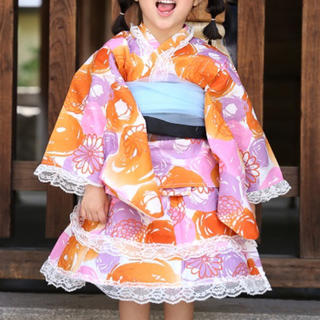 オリジナル浴衣ドレス 110cm オレンジ手書き風柄(甚平/浴衣)