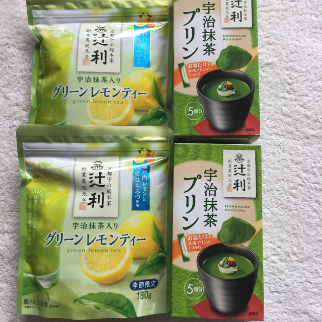 辻利 宇治抹茶プリンの素 ×2箱 宇治抹茶入りグリーンレモンティー×2袋 食品/飲料/酒の飲料(茶)の商品写真