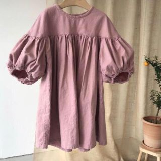 子供服　お袖ポワンワンピース　胸元切り返し　女の子　新品　コットンリネン(ワンピース)