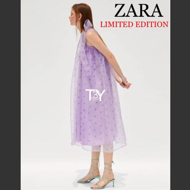 ZARA(ザラ)の完売品 ザラ オーガンジー チュール リボン ワンピ ドレス 花柄 フラワー柄 レディースのワンピース(ロングワンピース/マキシワンピース)の商品写真