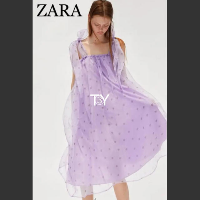 ZARA(ザラ)の完売品 ザラ オーガンジー チュール リボン ワンピ ドレス 花柄 フラワー柄 レディースのワンピース(ロングワンピース/マキシワンピース)の商品写真