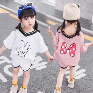 キッズ VネックTシャツ＆ショートパンツ 韓国子供服 バックプリント(Tシャツ/カットソー)