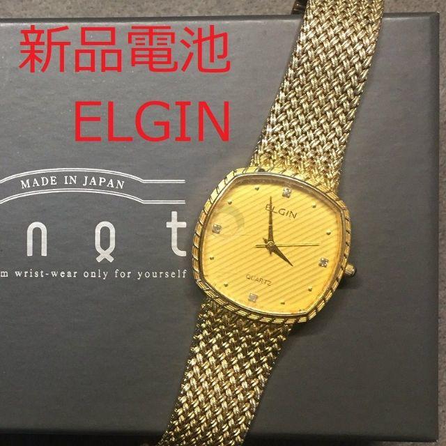 新品電池 ELGIN 腕時計 □30mm ゴールド メタルストラップ