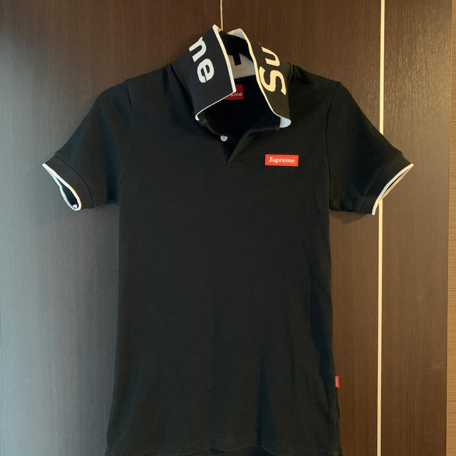 希少 シュプリーム 刺繍 ワンポイント ベロア ボーダー ポロシャツ 黒 M