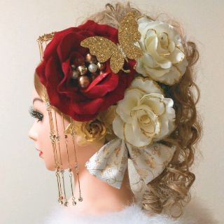 髪飾りViVi ~豪華綺麗系・赤×白×金薔薇~ 成人式 結婚式 花魁 かんざし