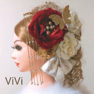 髪飾りViVi ～白黒金･豪華16点花飾り&簪セット～ 成人式 結婚式 花魁 簪