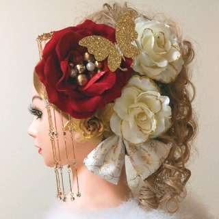 髪飾りViVi ～豪華綺麗系・赤×白×金薔薇～ 成人式 結婚式 花魁 かんざし