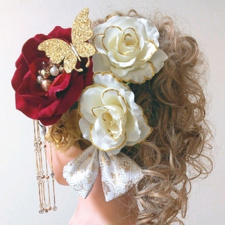 髪飾りViVi ～豪華綺麗系・赤×白×金薔薇～ 成人式 結婚式 花魁 かんざし