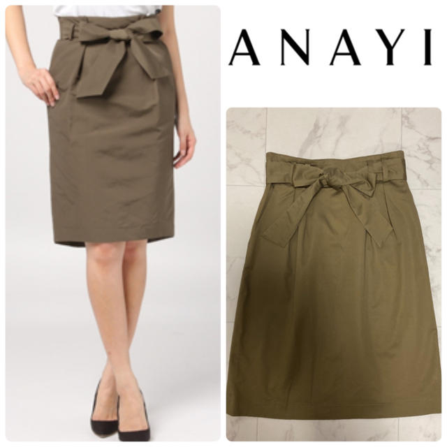ANAYI(アナイ)のANAYI アナイ　ウエストリボン　タイトスカート　カーキ　36 レディースのスカート(ひざ丈スカート)の商品写真