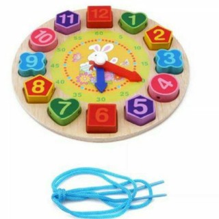 うさぎさん 時計 モンテッソーリ 木製 時計パズル ヒモ通し 時間の教育(知育玩具)