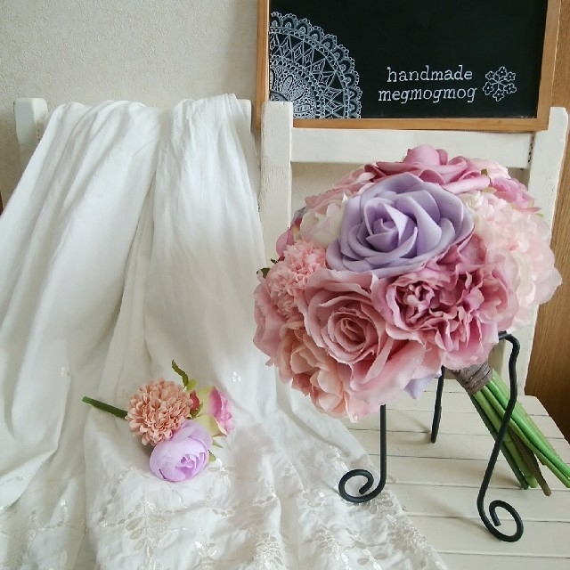 ピンク＆紫♡淡色クラッチブーケ＆ブートニアセット♡ ハンドメイド ウェディング ブーケ オンラインスト 