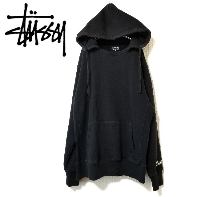 STUSSY パーカー 袖刺繍ロゴ 黒