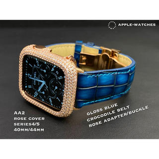 アップルウォッチ(Apple Watch)の艶々ブルーxローズ■アップルウォッチカスタムカバーベルトセット40mm44mm(腕時計)