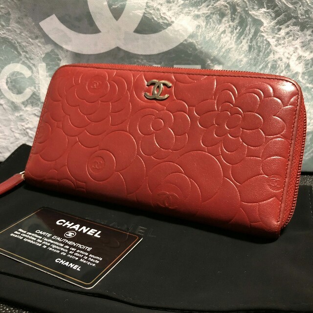 正規品 美品！CHANEL シャネル レッド カメリア ラウンドジップ 長財布