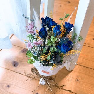 ♪母の日♪ミモザ 薔薇 ドライフラワー ブーケ ギフト 青 G(ドライフラワー)